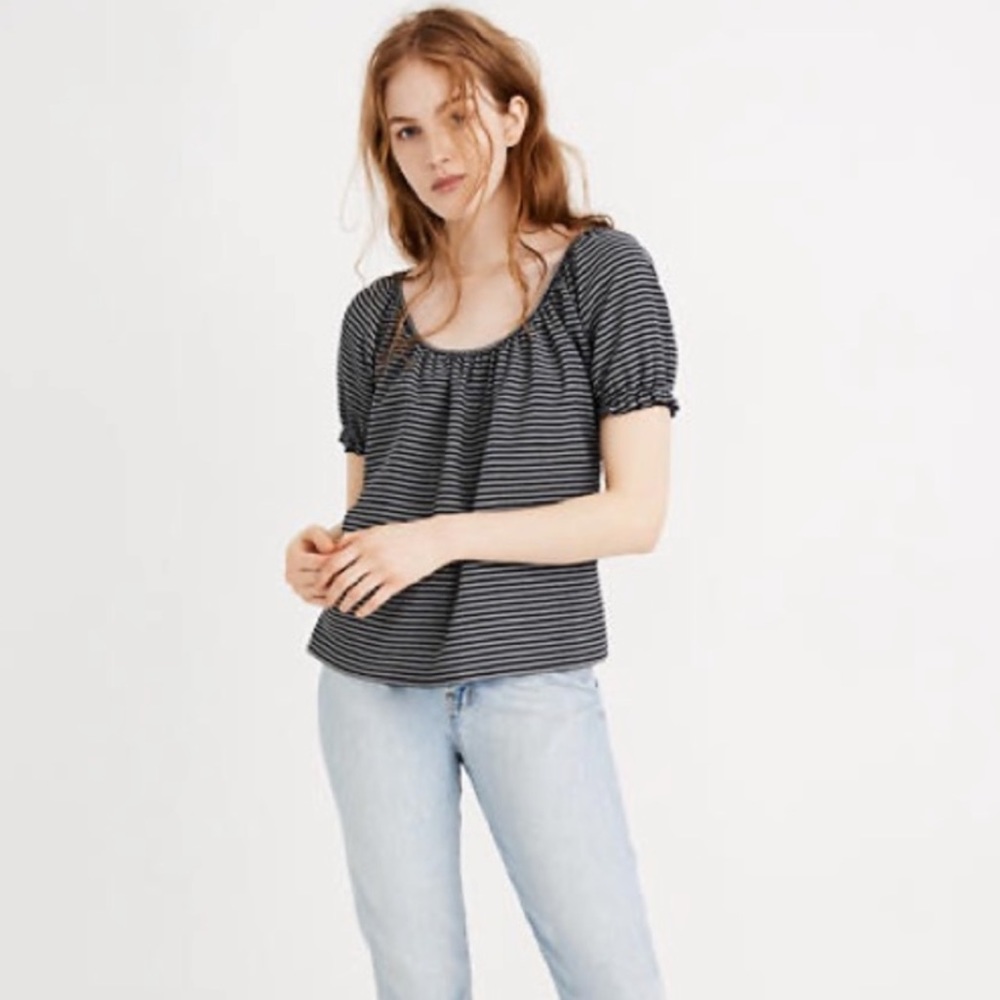 Madewell Texture & Thread Navy Blue & White Striped
 Blouse Top Size Small